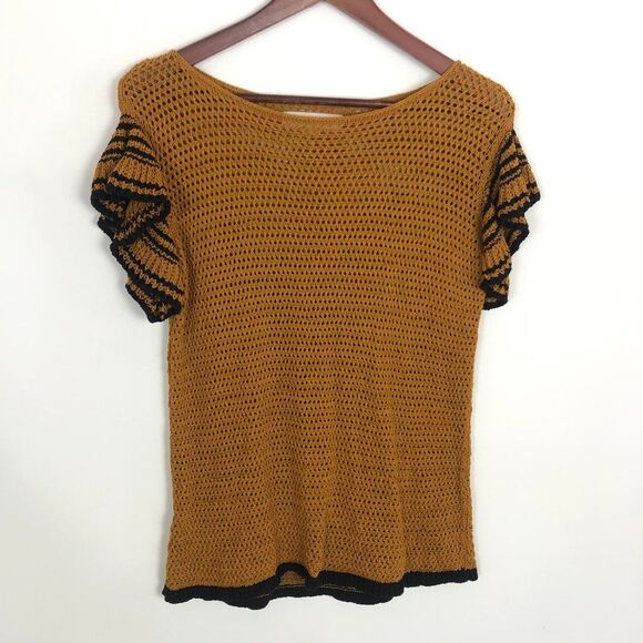 Loft Ann Taylor Mustard Black Open Knit Short Sleeve Sweater Top - Picture 1 of 5